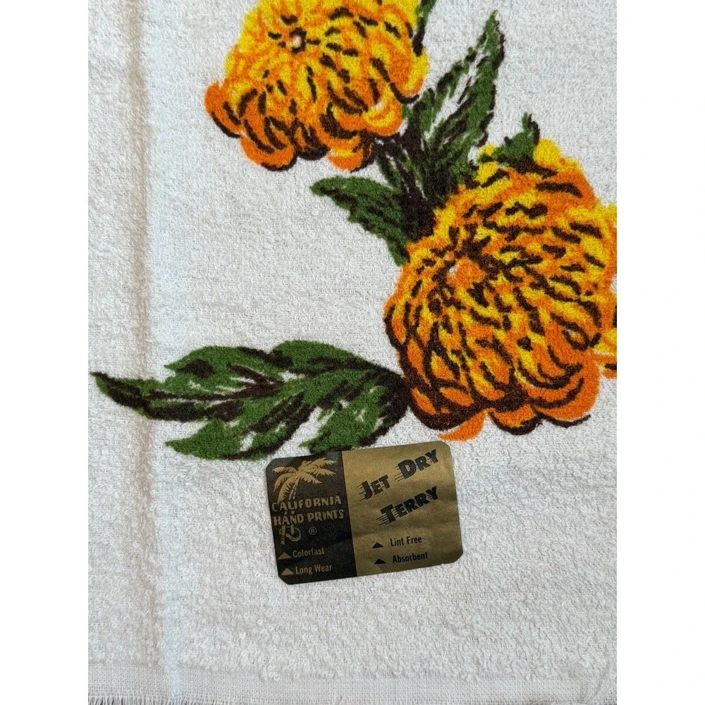 Vintage California Hand Prints Jet Dry Terry Hand Towel NEW Yellow Chrysanthemum